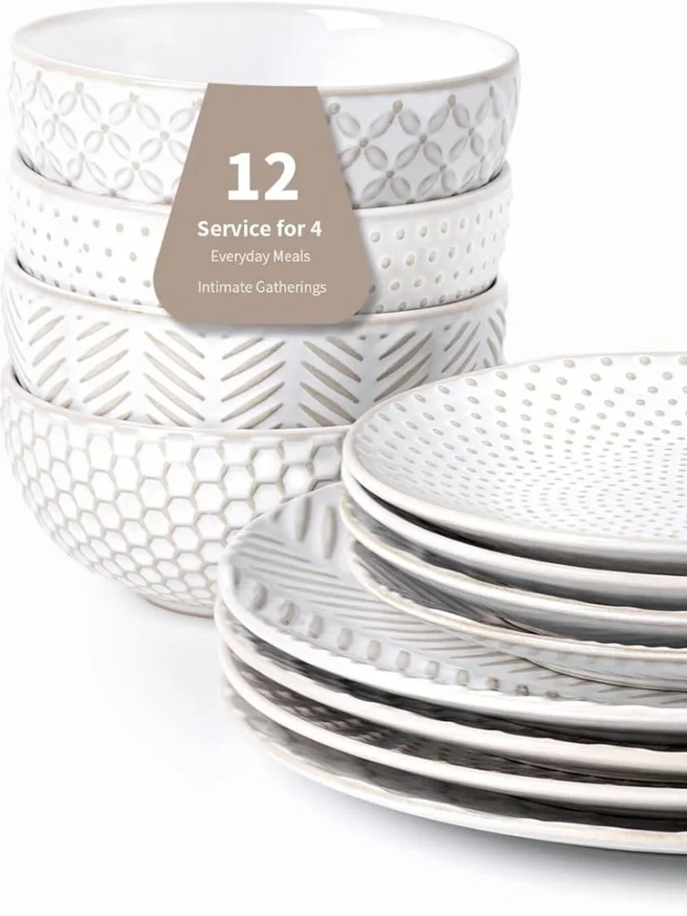 FOBENTA 12-Piece Stoneware Dinnerware Set for 4, Embossed Plates & Bowls
